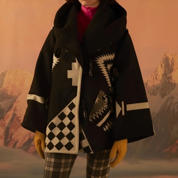 casual slight stretch geometric fixed printing wool-like fabric hooded jackets