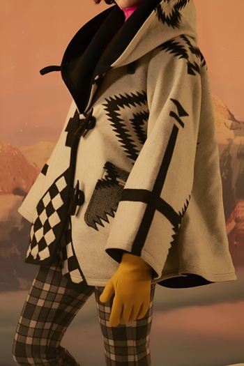 new casual slight stretch patchwork wool-like fabric geometric fixed hooded coat