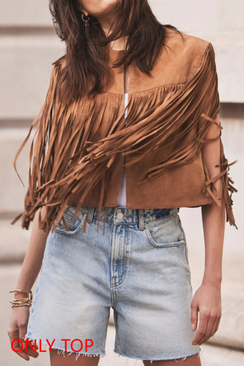 casual plus size non-stretch suede fabric solid tassel cropped outwear