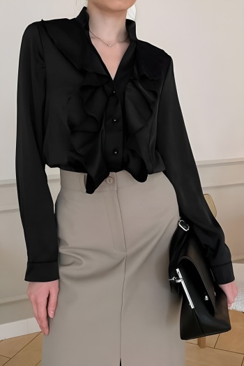 exquisite non-stretch satin pure color ruffle single-breasted blouse