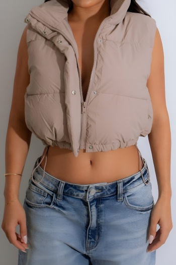 stylish plus size non-stretch zip-up snap button crop cotton jacket puffer vest
