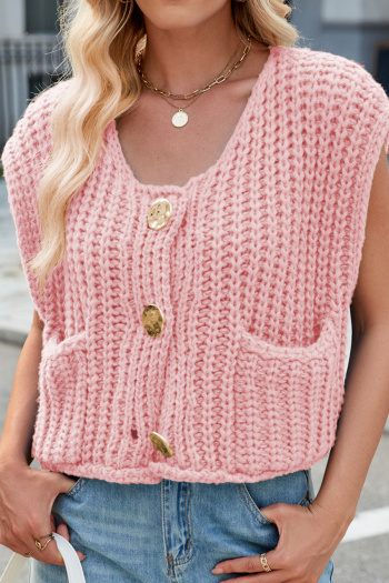 casual high stretch solid color single-breasted pocket knit tank top