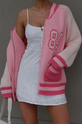 casual plus size slight stretch contrast color loose knitted cardigan sweater