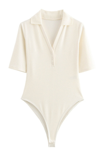 casual slight stretch 3 colors solid color lapel bodysuit