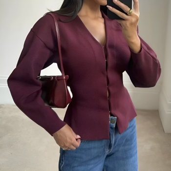 new casual high stretch solid color knit v-neck long sleeve cardigans