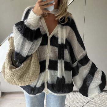 casual slight stretch stripe knitted v-neck all-match loose sweater with scarf