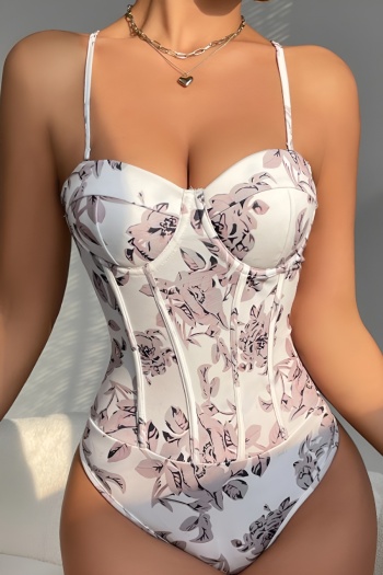 stylish slight stretch retro floral print bodysuit (with underwire padded bone)