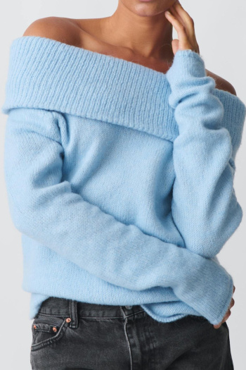 autumn pure color stylish stretch off-shoulder casual knitted sweater