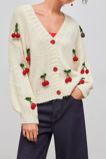 autumn new stylish stretch cherry decor single breasted casual knit top