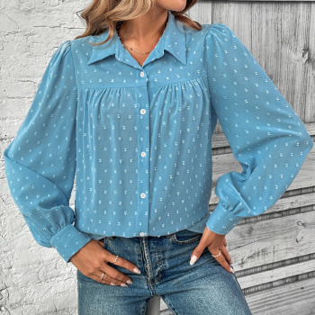 new elegant plus-size slight stretch solid color patchwork jacquard long sleeve blouse