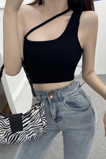 casual slight stretch one shoulder solid color padded tank top
