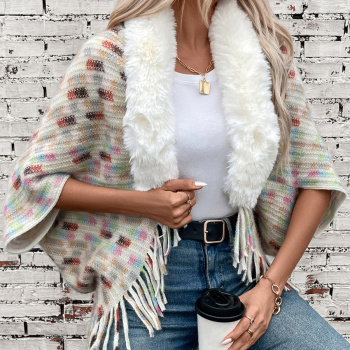 new stylish slight stretch contrast color knit tassel fluffy warm cardigan