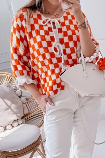 stylish slight stretch knit contrast lattice lace-up long sleeve cardigans