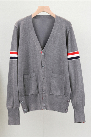 casual slight stretch striped contrast color all-match thin knitted cardigan