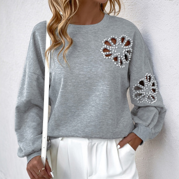 new stylish slight stretch patchwork pearls round neck long sleeve sweatshirts