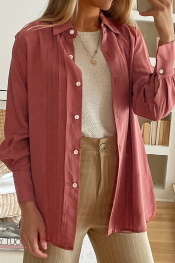new casual no-stretch patchwork solid color pleat lapel blouse