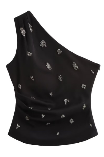 casual non-stretch beaded one shoulder tank top
