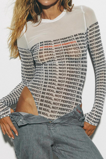 sexy slight stretch mesh see-through letter print thumb hole bodysuit