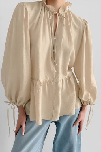 stylish non-stretch pure color single-breasted lace-up long sleeve blouse