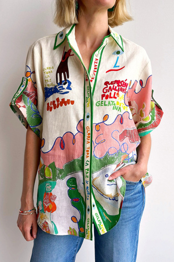 new casual no-stretch patchwork contrast doodle flax short-sleeved blouse