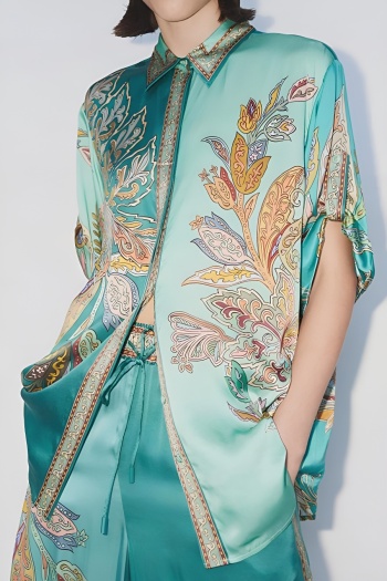 casual no-stretch patchwork satin plants fixed printing short sleeves blouse