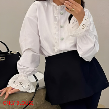 new casual no-stretch patchwork white rhinestones collar all-match blouse