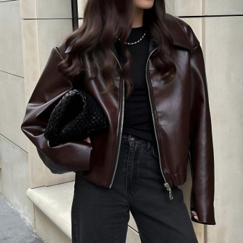 new stylish no-stretch pu patchwork turndown collar loose long sleeve jackets