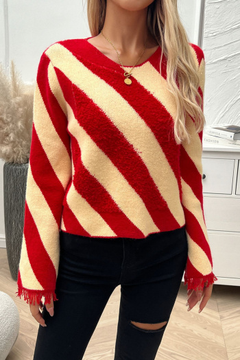 casual slight stretch color-block stripe knitted loose all-match sweater