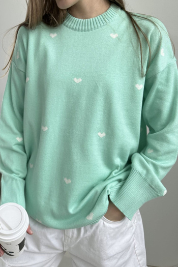 casual slight stretch ribbed knit crew neck heart printing sweaters