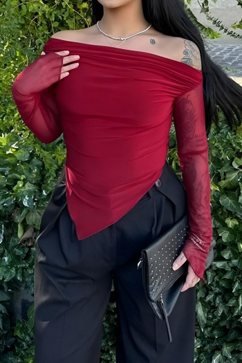 stylish slight stretch mesh splicing one-shoulder slim  pleated top