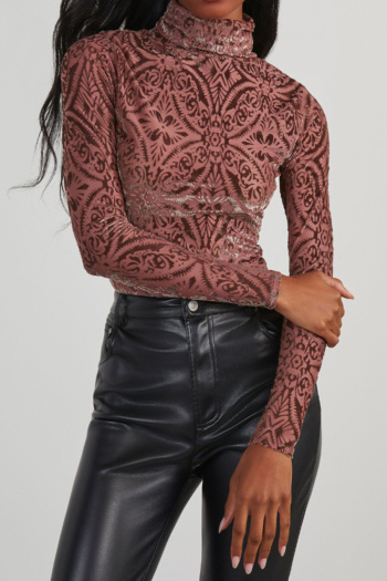 casual slight stretch high collar velvet jacquard slim t-shirt