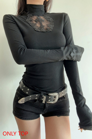 new stylish slight stretch patchwork crucifix solid color long sleeve tops