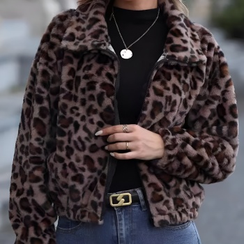 new plus-size leopard printing patchwork flannelette contrast loose jackets