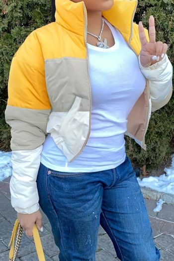 casual plus size non-stretch contrast color high collar zip-up cotton jacket