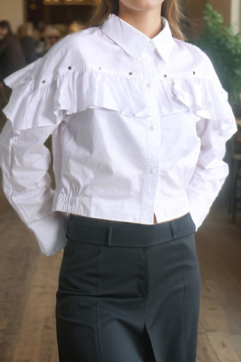 casual non-stretch solid color high quality stitching ruffled crop shirt