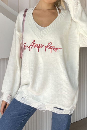 casual slight stretch ribbed knit v-neck letter embroidery sweaters