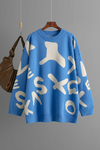 casual slight stretch loose knitted letter jacquard sweater
