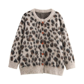 casual slight stretch ribbed knit crew neck leopard pattern sweaters