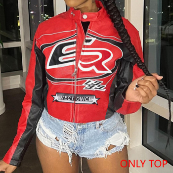 stylish slight stretch color-block pu letter embroidery crop jacket(only jacket)