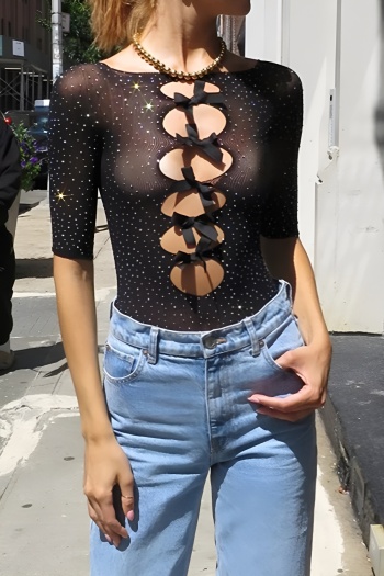 sexy high stretch see-through crew neck rhinestone bow decor bodysuit