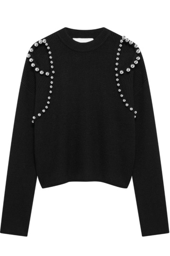 new slight stretch solid color knit rivets long sleeve sweater(size run small)