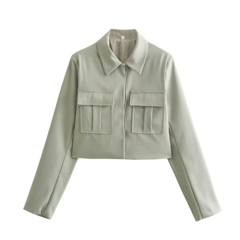 casual non-stretch lapel solid color pocket blouses