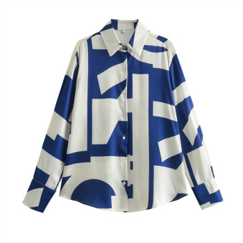 casual non-stretch lapel contrast color batch printing blouses
