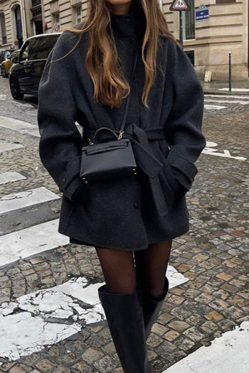 casual slight stretch stand up collar solid color tweed outerwear(with belt)