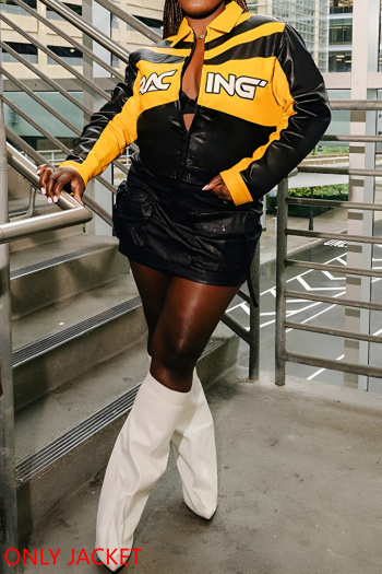 stylish slight stretch contrast pu embroidered letters long sleeve jackets