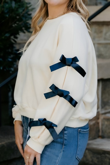 new casual slight stretch solid color patchwork bow round neck sweatshirts