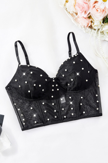 sexy slight stretch with underwire rubber bone padded pearl rhinestone crop vest