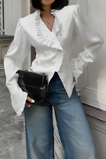 exquisite non-stretch satin pure color ruffle shoulder padded blouse