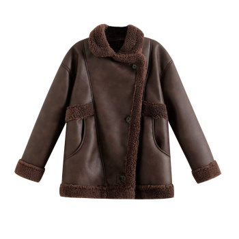 casual non-stretch stitching teddy fleece lapel warm jacket
