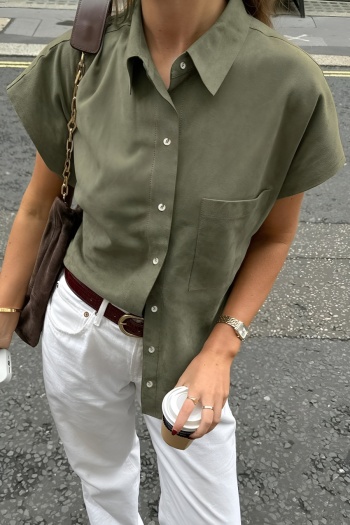 stylish non-stretch pure color short sleeve pocket loose all-match blouse